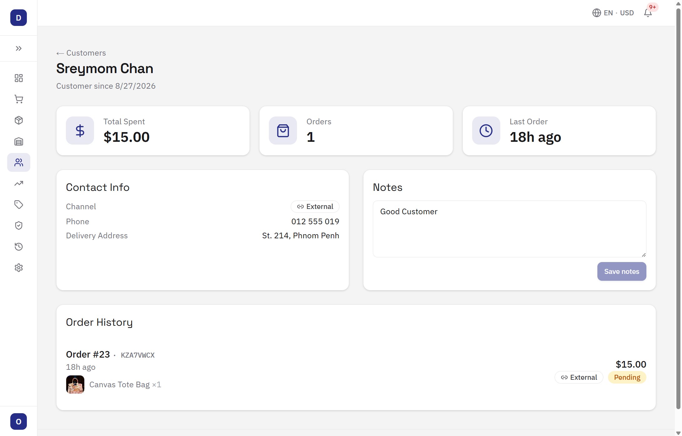 Customer profile with order history and total spend