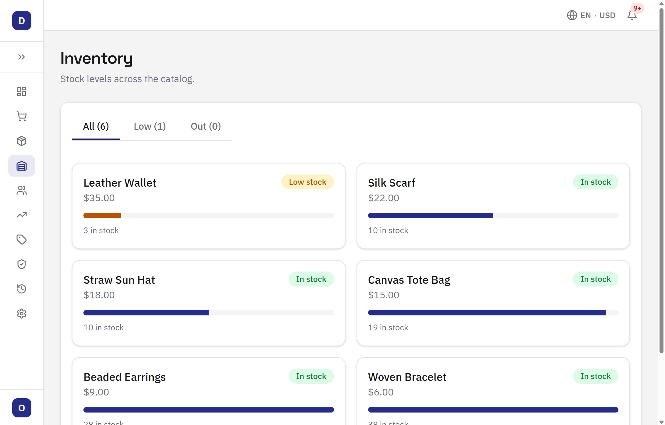 Inventory view with a low-stock item flagged