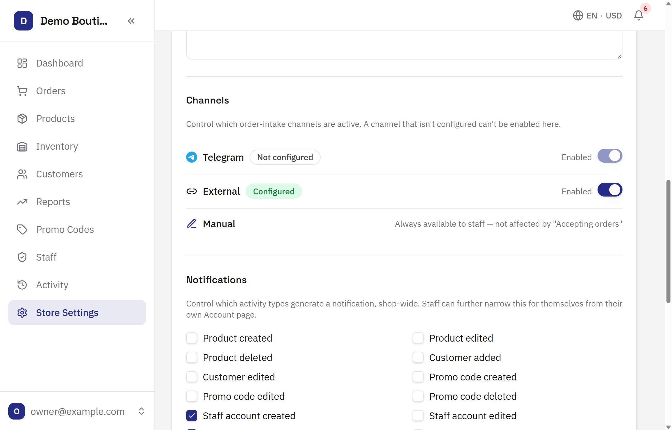 Store Settings Channels section showing Telegram, website, and manual order intake together