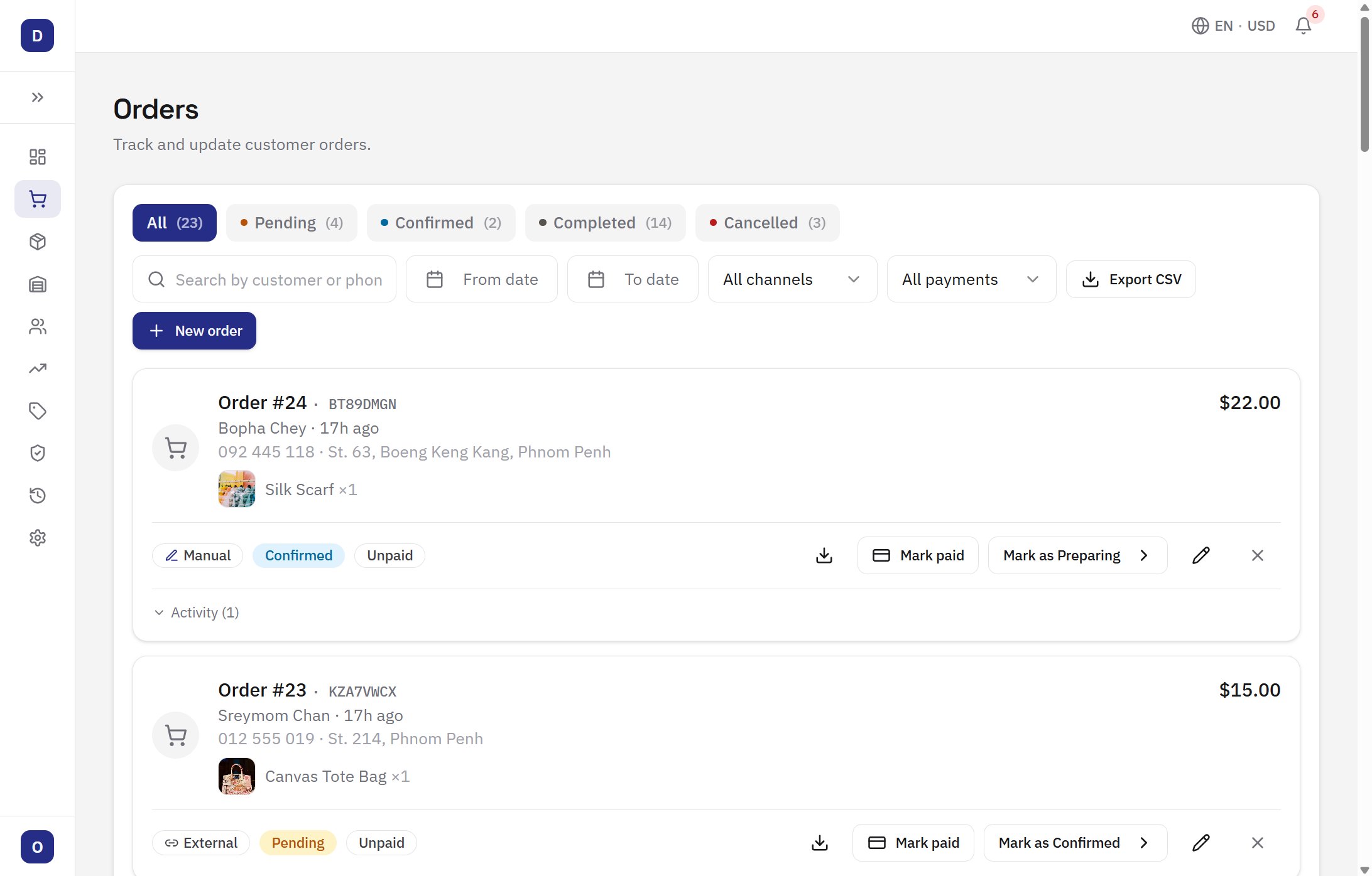 Orders list with status, channel, and payment filters