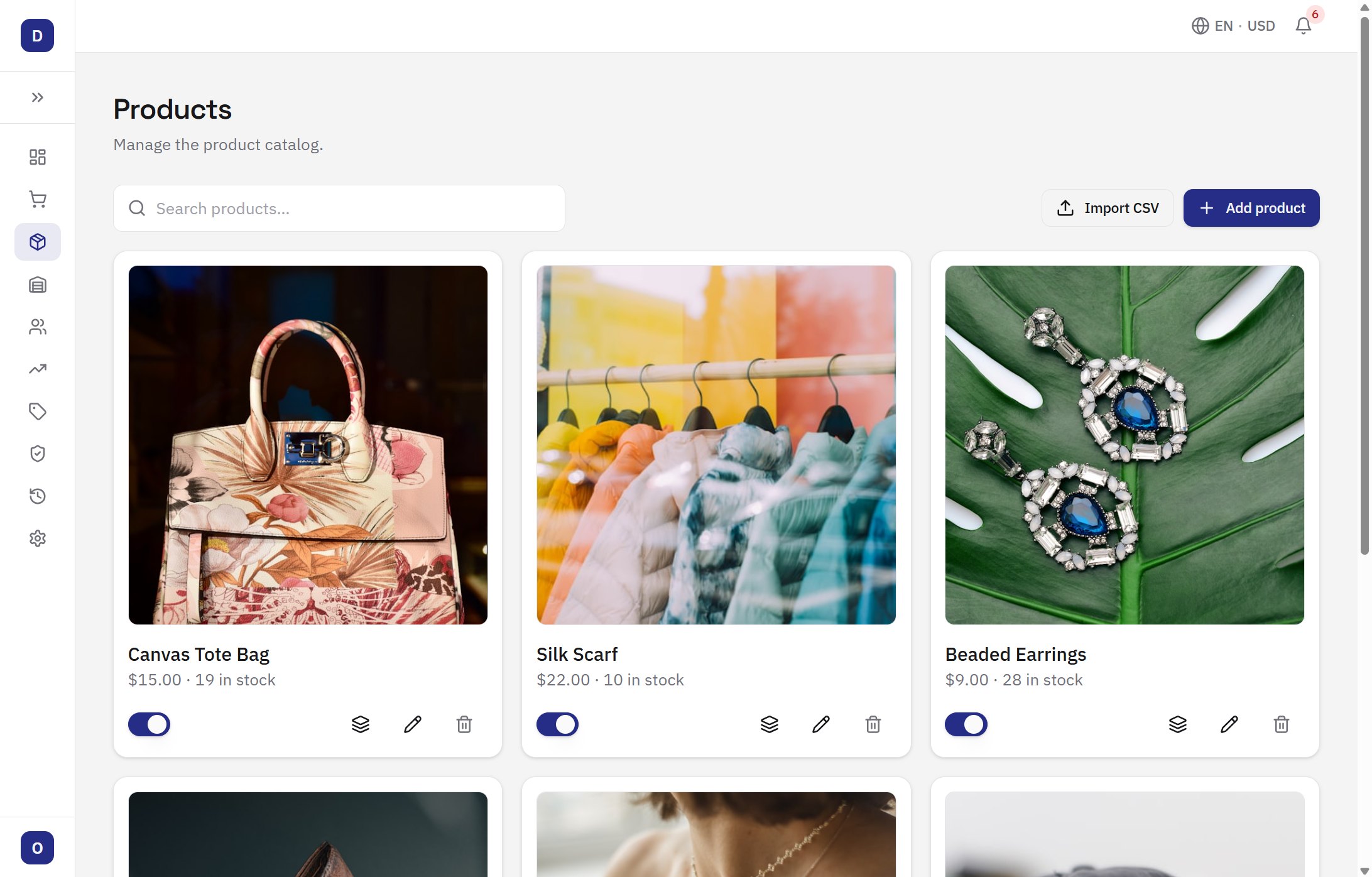Product catalog with photos, prices, and stock counts