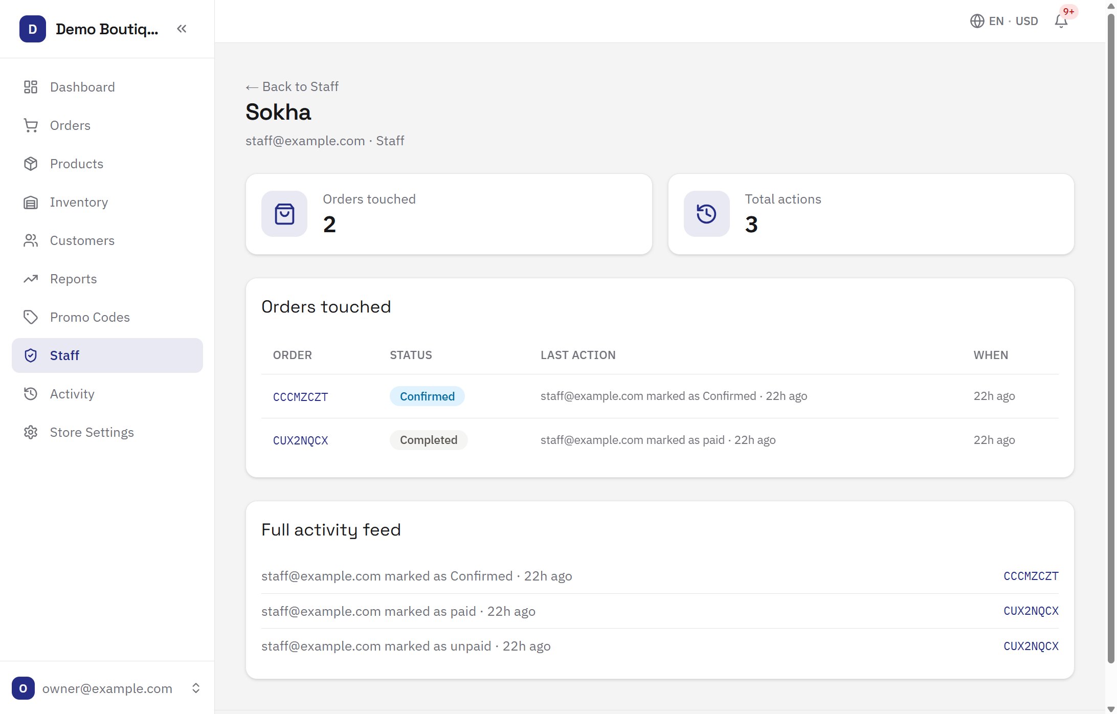 Per-staff activity history page showing orders touched and a full action feed